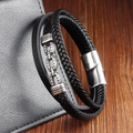 Pulsera de cuero trenzado negro de doble capa para hombre con cierre magnético vintage - Negro (21CM Varias Capas)