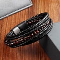 Close-up of men's multi-layer black leather bracelet with red beads and black magnetic clasp - 21cm Red