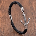 Pulsera de hombre en cuero trenzado negro con ancla plateada y cierre magnético - Capa Única / Acero Una Capa