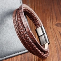 Detail of multi-layer brown leather bracelet with snakeskin texture and magnetic clasp - 21cm Brown