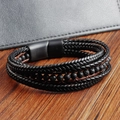 Men's double-layer braided black leather bracelet with lava stone beads and magnetic clasp - 21cm Black
