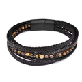 Men's double-layered braided leather bracelet with natural tiger eye stones and magnetic clasp - 21cm Yellow