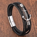 Pulsera multicapa de cuero trenzado negro para hombre con dije de ancla y cierre magnético - Multicapa / Capas de Acero