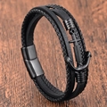 Pulsera de doble capa de cuero negro para hombre con colgante de ancla de acero mate - Multicapa / Negro Multicapa (Ancla Negra)