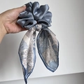 Elegant grey-blue satin scrunchie with floral print ribbon hair accessory for ponytail - Blue
