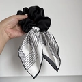 Elegant navy stripe satin ribbon hair tie with bow design for versatile hairstyling - Navy Irregular Stripes