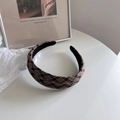 Detail of vintage brown plaid scrunchie with classic fabric texture and soft elastic band - Plaid Headband