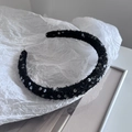 Detail of black sequined headband with silver sparkles on textured velvet fabric - 1.5cm / Black