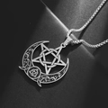Minimalistische silberne Mondsichel-Pentagramm-Halskette mit keltischen Knoten-Details - Stahlfarben