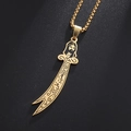 Collier épée Zulfiqar en acier inoxydable doré avec pendentif Imam Ali gravé - Style Machette Dorée