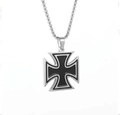 Detail of cross pendant in stainless steel with black enamel inlay and metal chain link - Black