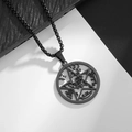 Men's retro stainless steel necklace with black pentagram star disk pendant - Black