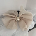 Elegante elastico per capelli in organza champagne con maxi fiocco, perla e strass luce - Beige