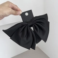 Elegant large black satin layered bow hair clip with spring fastener on brand card - Black
