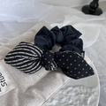 Vintage retro padded black scrunchie with striped and polka dot bow detail for hair - Navy Blue