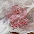 Detailed macro shot of translucent pink flower hair claw with gold spring mechanism - Light Pink