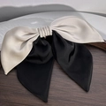 Elegant champagne silver and black bicolor satin bow hair clip with vintage silk finish - Black Apricot Bow