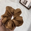 Detailed close-up of glossy brown silk satin scrunchie showing luxury fabric texture - Brown Coffee