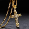 Hip hop style gold iced out cross pendant with white cubic zirconia on a cuban chain - Cross Necklace / Gold