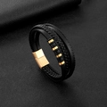 Heren meerlaagse zwart gevlochten lederen armband met gouden magneetsluiting en kralen - Goud