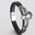 Pulsera trenzada de cuero para hombre con águila de metal y cierre magnético plata - Negro