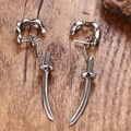 Punk style silver samurai sword dangle earrings for men with polished metal chain links - Silver