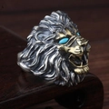 Anello testa di leone retrò in argento vintage con accenti dorati e occhi blu gemma - Aperto Regolabile / Argento Antico