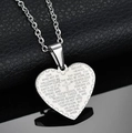 Silver stainless steel heart necklace with engraved Lord's Prayer and cross on O-chain - Silver