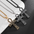 Oud-Egyptische Ankh-kruis ketting in goud zilver en zwart met hiërogliefen-reliëf - Gouden Ankh Kruis Ketting