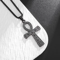 Zwarte roestvrijstalen Ankh-kruisketting met reliëf van oude Egyptische hiërogliefen - Zwarte Ankh Kruis Ketting