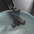 Macro view of matte black Sigil of Lucifer pendant with detailed cut-out geometry - Geometric Text Necklace-Black / Black