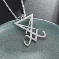 Polished silver Sigil of Lucifer pendant necklace with box chain on ceramic plate - Geometric Text Necklace-Silver / Silver