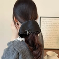 Elegant French black satin ponytail hair clip with pearl detail and polka dot bow accent - Hair Clip / Black