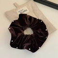 Close-up of brown velvet scrunchie with white pearl detailing on a beige background - Single Layer Coffee Velvet (FQ-0996)