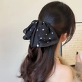 Elegante pinza per capelli a nastro a pois neri con pendenti di perle su coda di cavallo - Rete a Pois Neri
