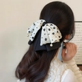Molletta per capelli con fiocco in rete floreale, perle e nastro di raso nero elegante - Stampa Floreale Crema