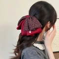 Elegante fermaglio per capelli a fiocco bordeaux a pois con ciondolo di perla - Borgogna