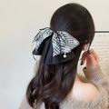 Elegante fermaglio per capelli a quadri con perle e nappe a nastro per donne - Fermaglio Coda di Cavallo Plaid Nero