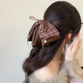 Fermaglio per capelli con fiocco a scacchi e ciondolo di perla elegante - Fermaglio Coda di Cavallo Plaid Caffè