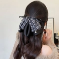 Molla per capelli con fiocco a scacchi, pendente di perla e chiffon nero da donna - Fermaglio Coda di Cavallo Plaid Nero