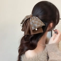 Pince à cheveux nœud à carreaux marron avec perles élégantes pour femmes stylées - Café Foncé