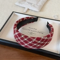 Elegant red and white plaid tweed headband with gold thread on a display tray - Red Plaid Headband