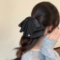 Pinza per capelli a fiocco a pois in stile francese con eleganti perle appese - Polka Dot Nero