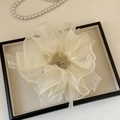 Dettaglio di elastico in organza crema con strass in una scatola portagioie lusso - Stile Strass Giallo Chiaro