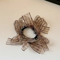 Detail of Korean plaid bow hair tie featuring organza ribbon and crystal bead charm - Champagne Coffee
