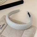Detail of blue and white checkered fabric headband with handmade tag and soft texture - Beige Plaid 3cm