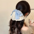 Blue plaid double-layer bow hair clip with pearls for women, back view hair accessory - Fresh Blue