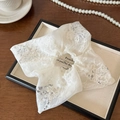 Detail von weißem Spitzen-Haargummi mit silbernen Schmetterlingspailletten auf Tablett - Quadratisches Tuch Scrunchie