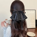 Elegante fermaglio per capelli in raso nero con perle e nastri lunghi stile francese - Nero