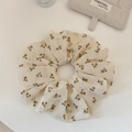 Close-up of cream floral mesh scrunchie with vintage red and green flower patterns - Cream White - Large